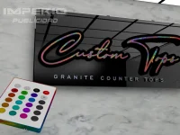 Render 3D hiperrealista de anuncio luminoso con logotipo Custom Tops en acero cepillado y luz LED RGB, diseñado por Imperio Publicidad CDMX.