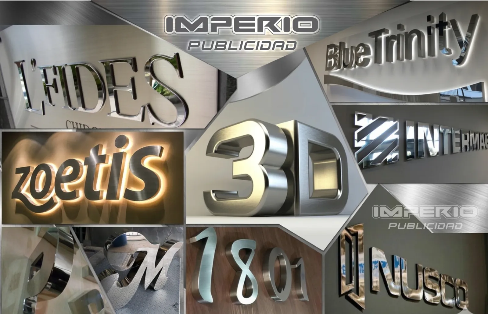 collage de letras 3D en acero inoxidable para logotipos corporativos fabricadas en CDMX con acabado espejo y cepillado