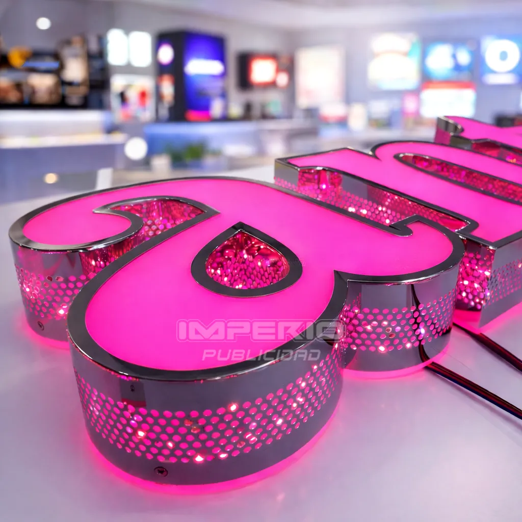letras 3D acrílico iluminadas con frente rosa y canto de acero inoxidable perforado