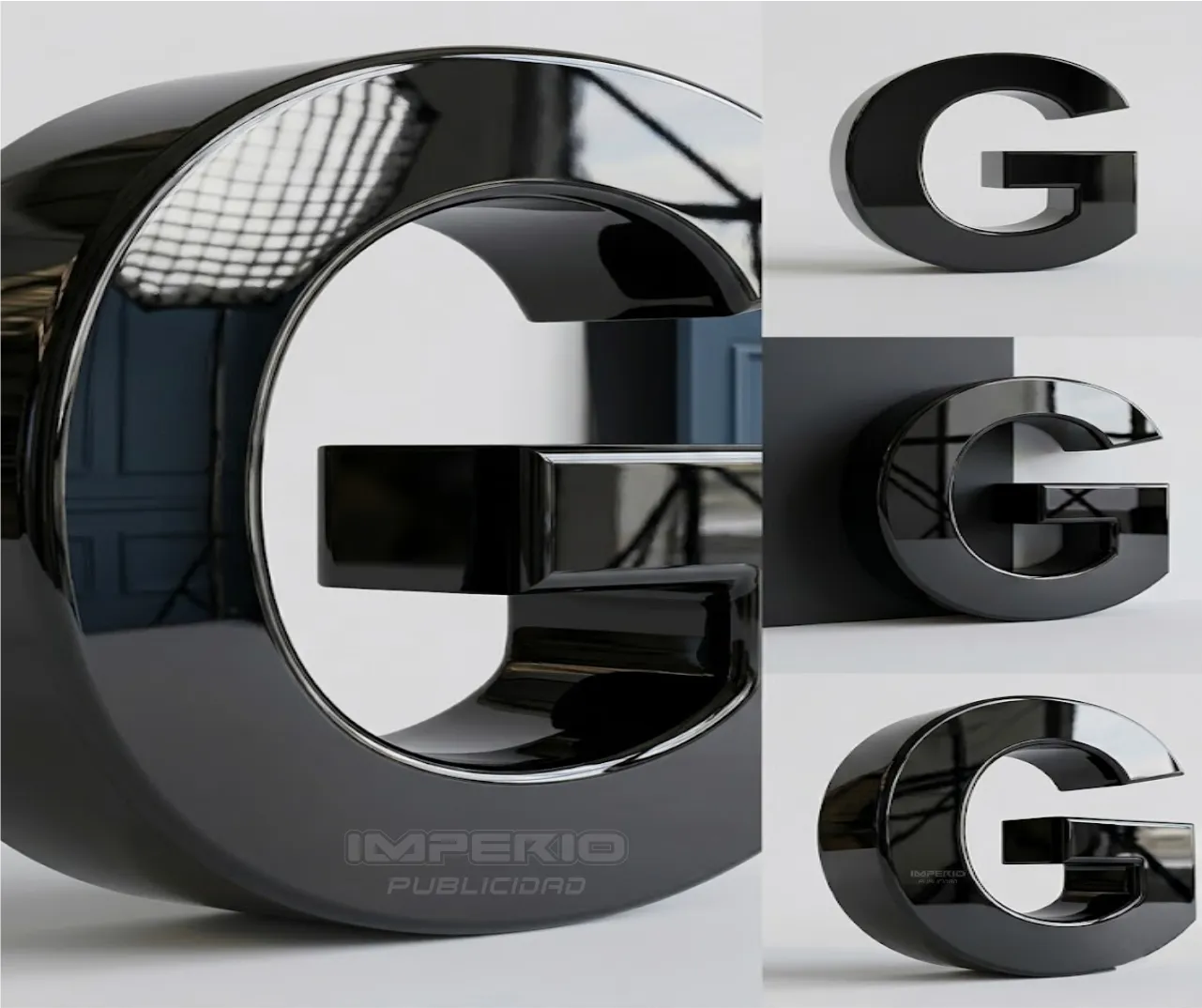letra G en aluminio negro espejo para logotipo 3D en fachada con acabado brillante tipo espejo