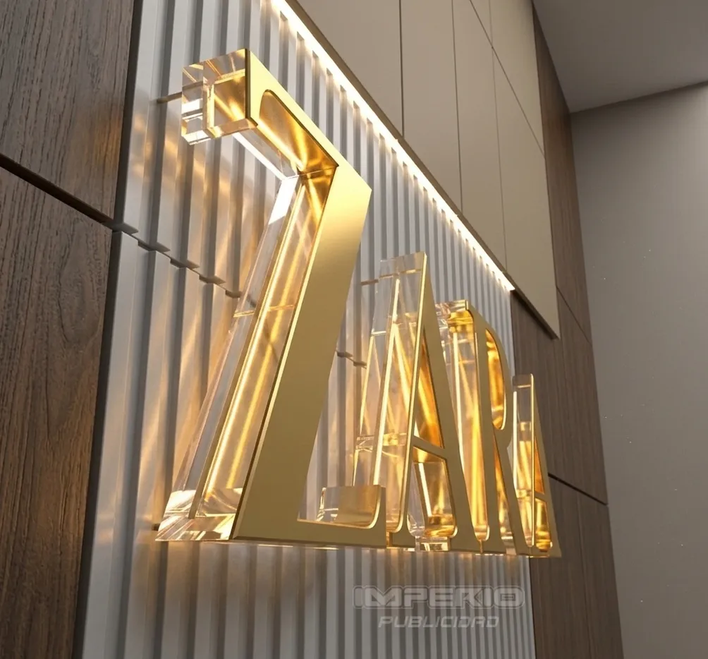 Logotipo 3D acrílico transparente con aluminio dorado e iluminación LED premium
