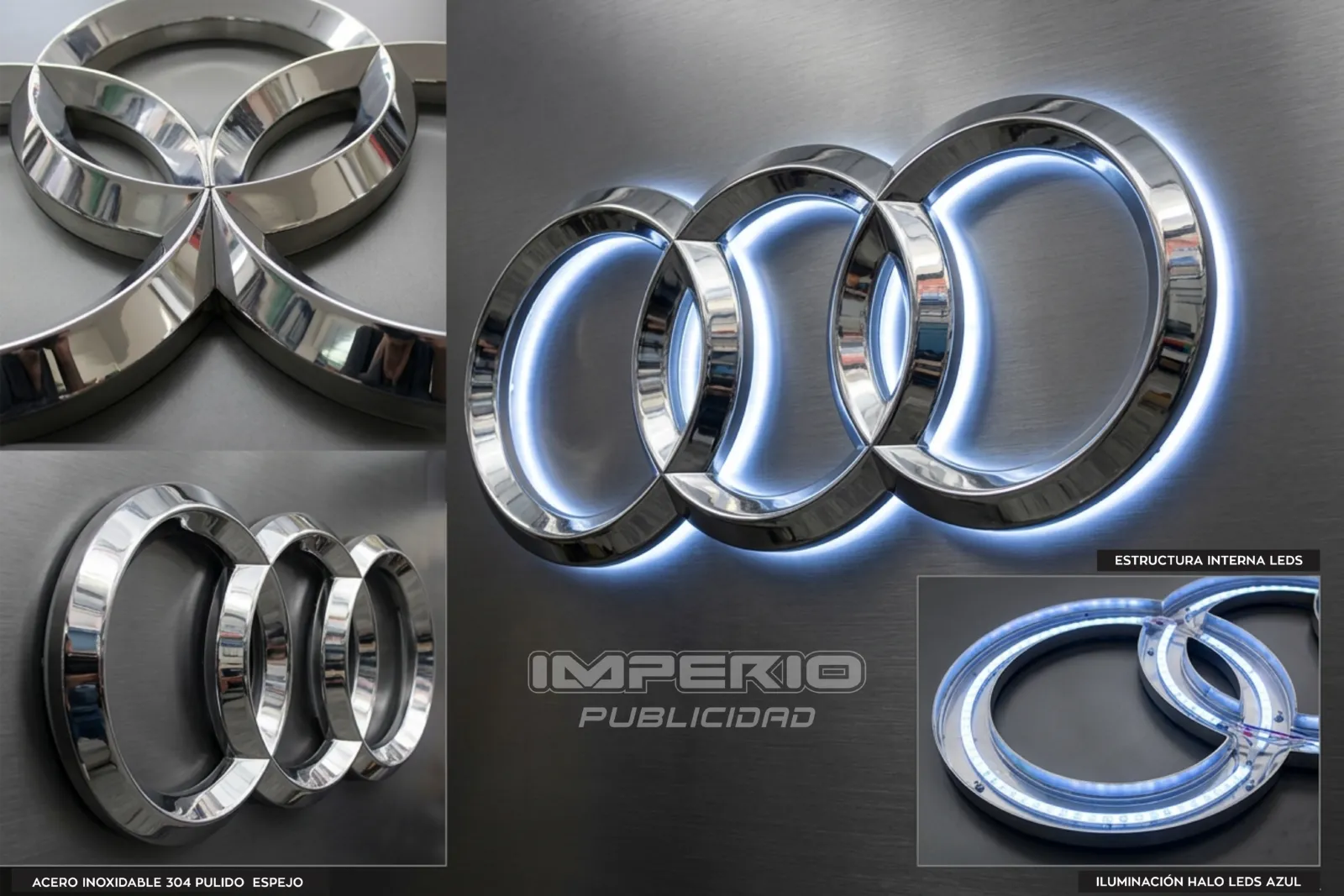 logotipo 3D en acero inoxidable pulido espejo con iluminación halo LED azul fabricado para fachada corporativa en CDMX