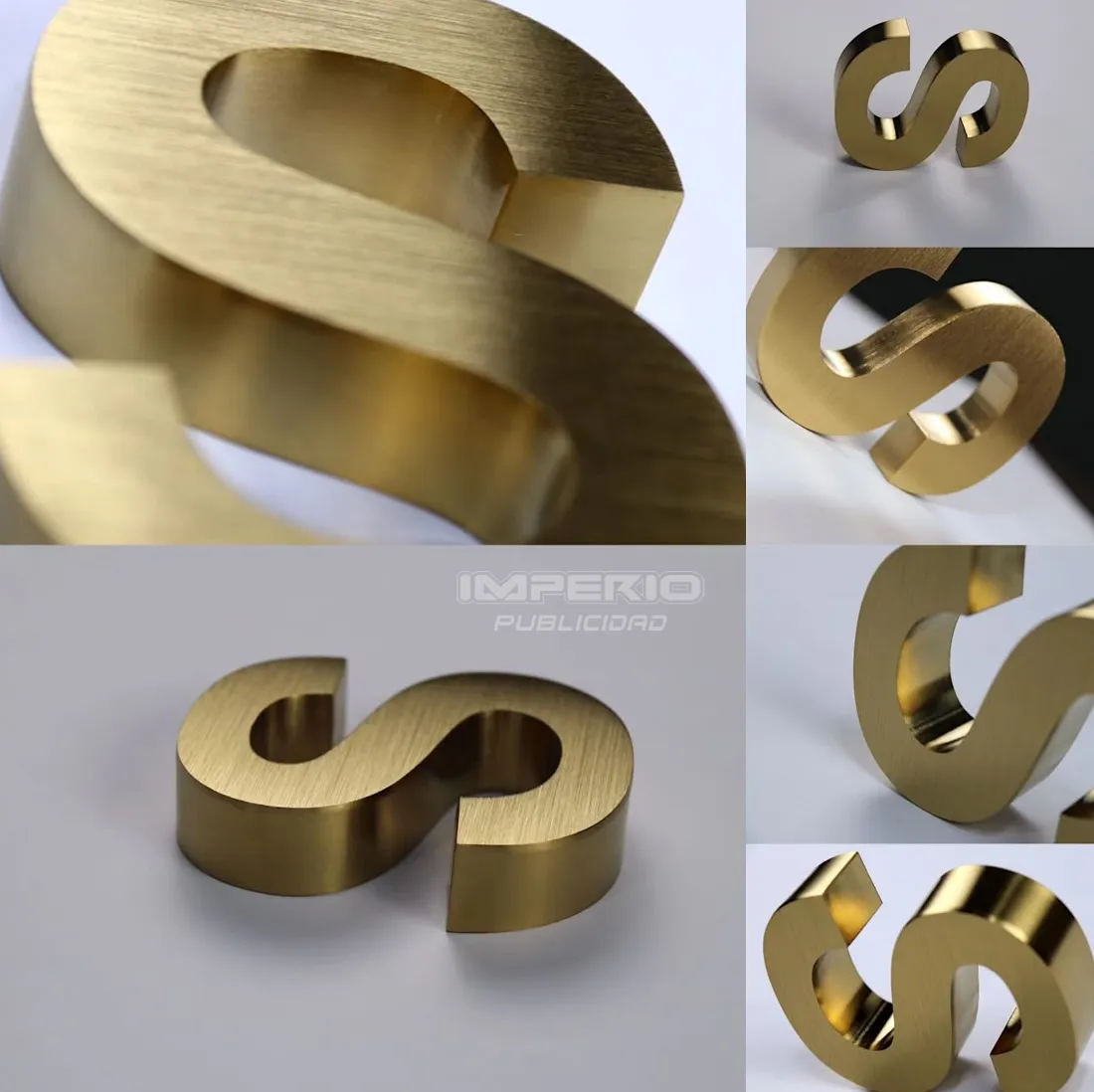 tipos de acabado en aluminio para letras 3D y logotipos dorado espejo cepillado y mate en CDMX