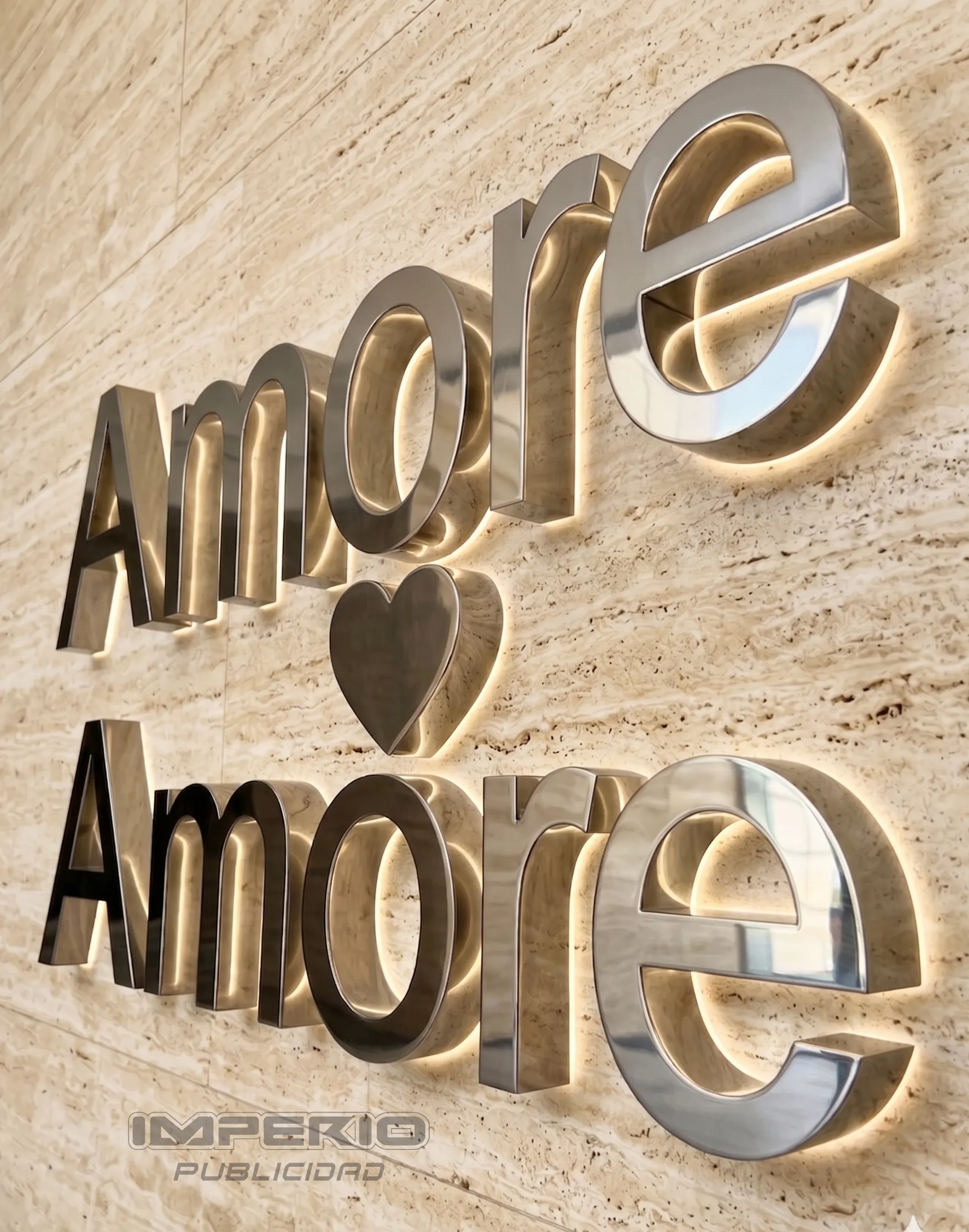 Anuncios luminosos LED con letras 3D de acero inoxidable retroiluminadas.