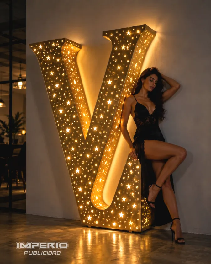Letra 3D perforadas tipo galaxia LED dorada iluminada con perforaciones decorativas y luz cálida para interiores modernos en CDMX