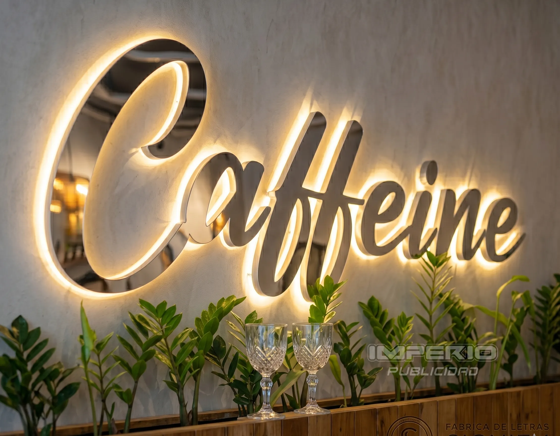 Letras 3D de acero inoxidable retroiluminadas para cafetería con iluminación halo LED cálida.