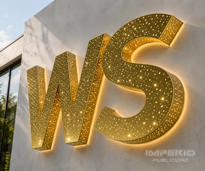 Letras 3D perforadas tipo galaxia con iluminación LED cálida y acabado dorado metálico para fachadas modernas en CDMX