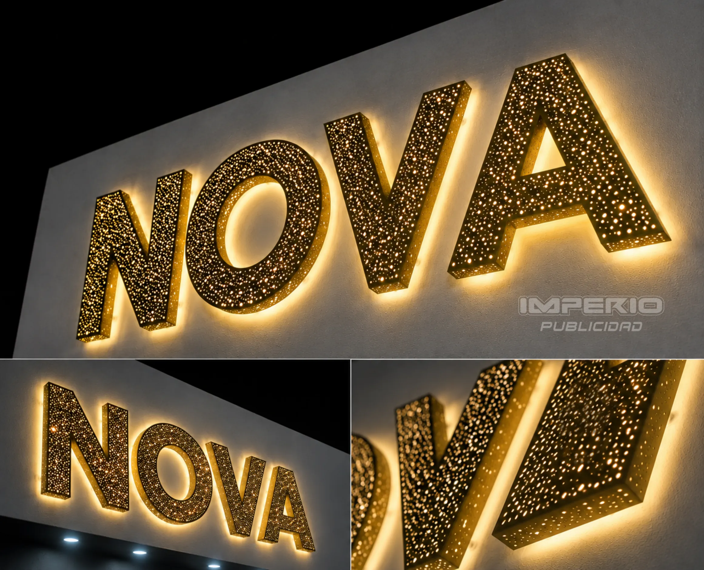Letras 3D perforadas tipo galaxia con iluminación LED cálida en acero inoxidable dorado para fachadas y recepciones modernas en CDMX